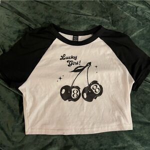 SHEIN Black and White Lucky Girl Cherry Tee